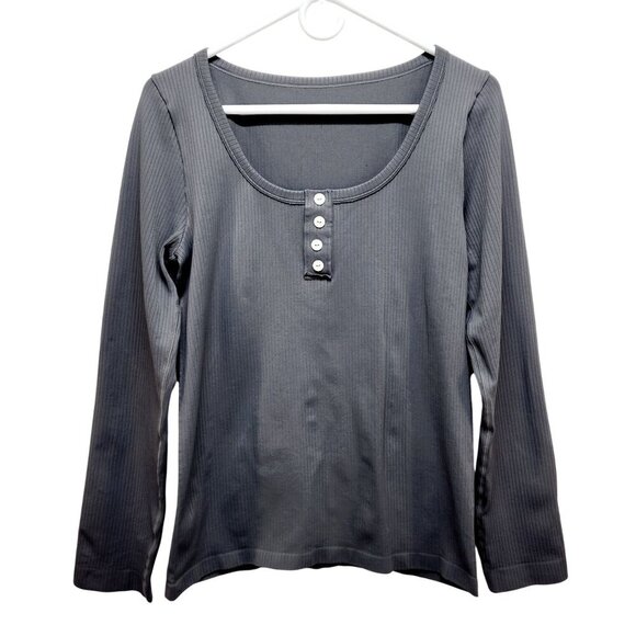 Womens Gray Ribbed Long-Sleeve Henley Top By OQQ Nylon Spandex Blend Size L - Picture 1 of 9
